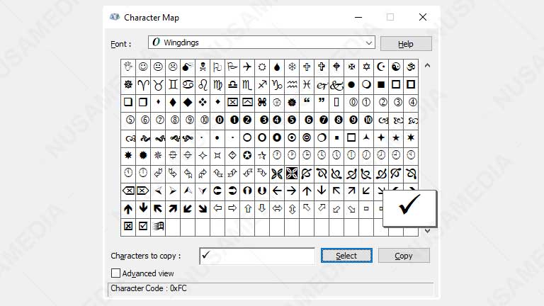 tanda ceklis di character map